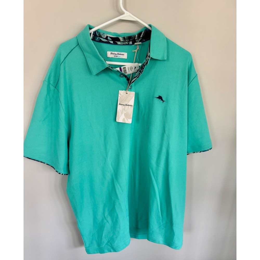 Tommy Bahama IslandZone Polo XXL NWT Kohala Teal‎ Leaves Trim Golf UPF 30
